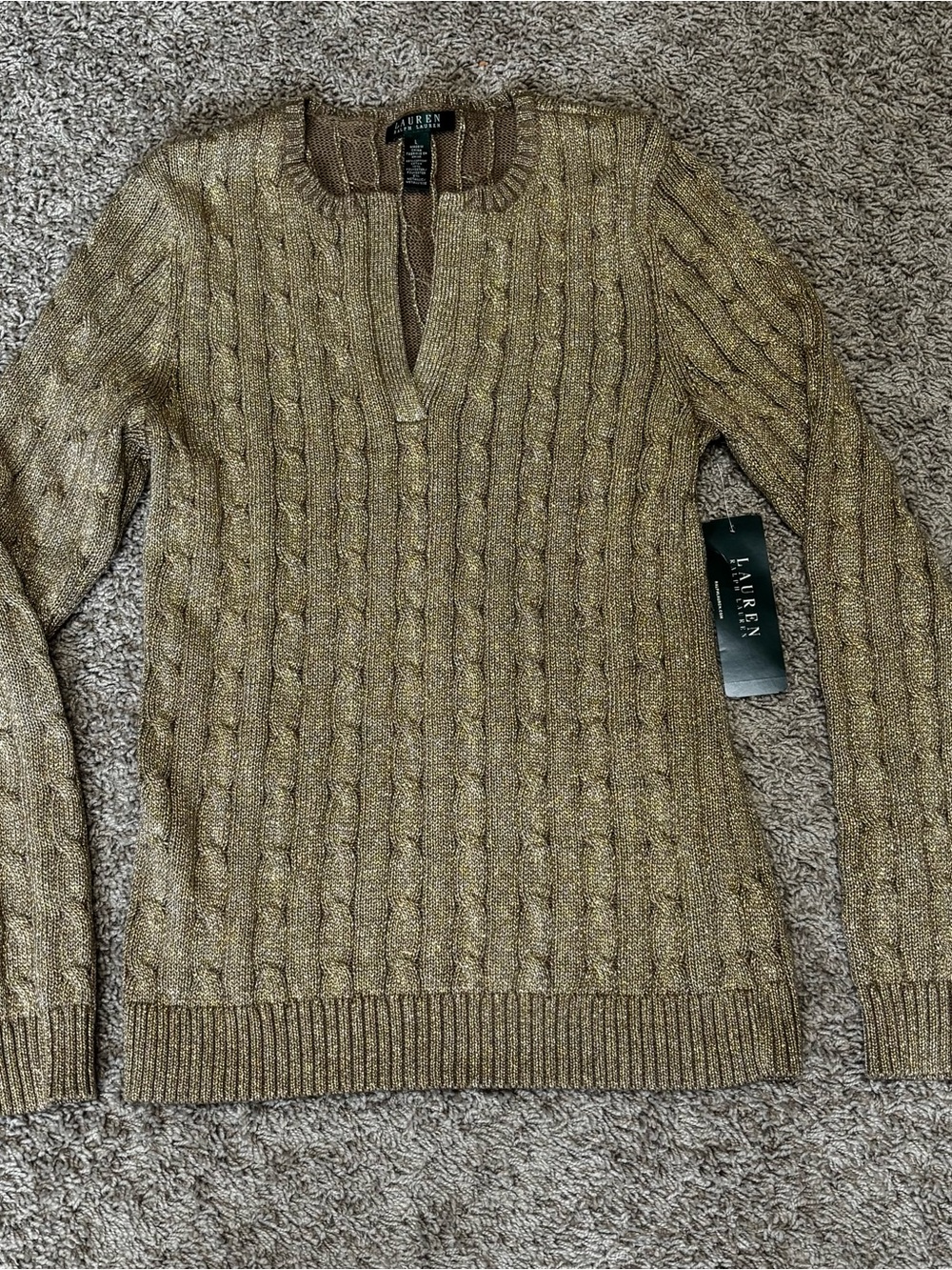 Ralph Lauren Metallic Gold Cable-Knit Sweater NWT women’s large dressy casual